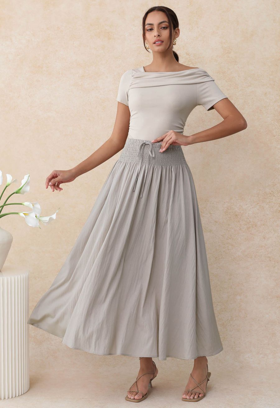 Self-Tie Shirred Waist Crinkle Skirt in Taupe