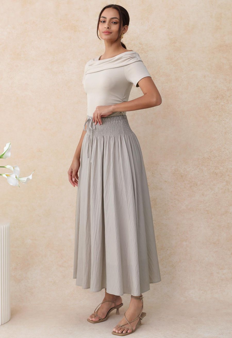 Self-Tie Shirred Waist Crinkle Skirt in Taupe