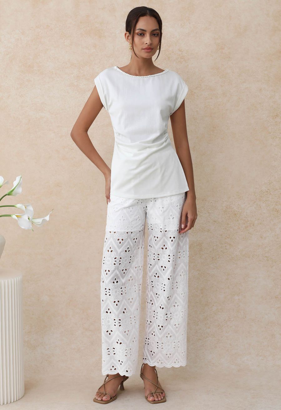 Tile Embroidered Eyelet Cotton Pants in White