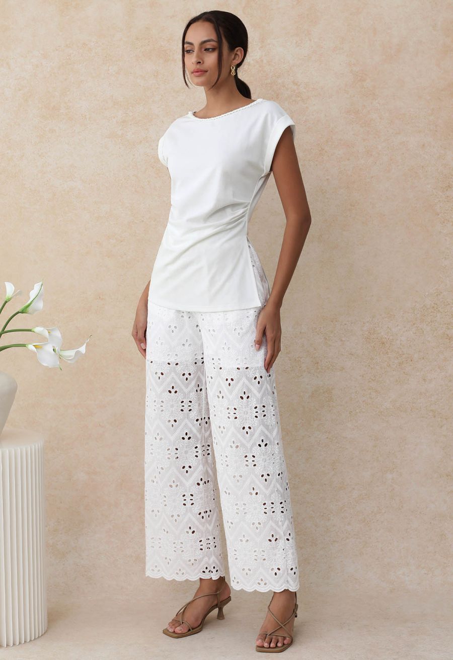 Braided Neckline Pleated Fitted Waist Top in White