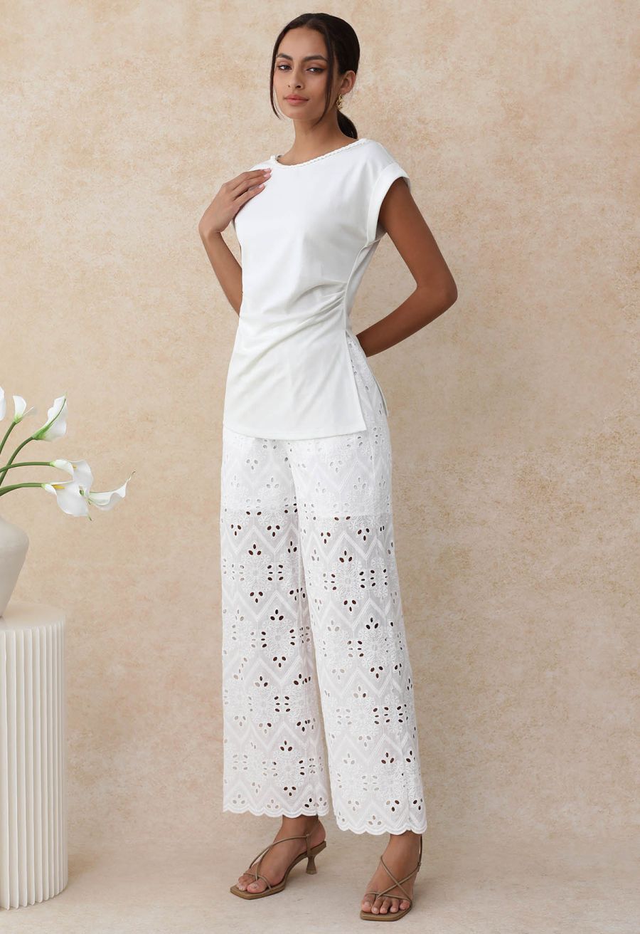 Tile Embroidered Eyelet Cotton Pants in White