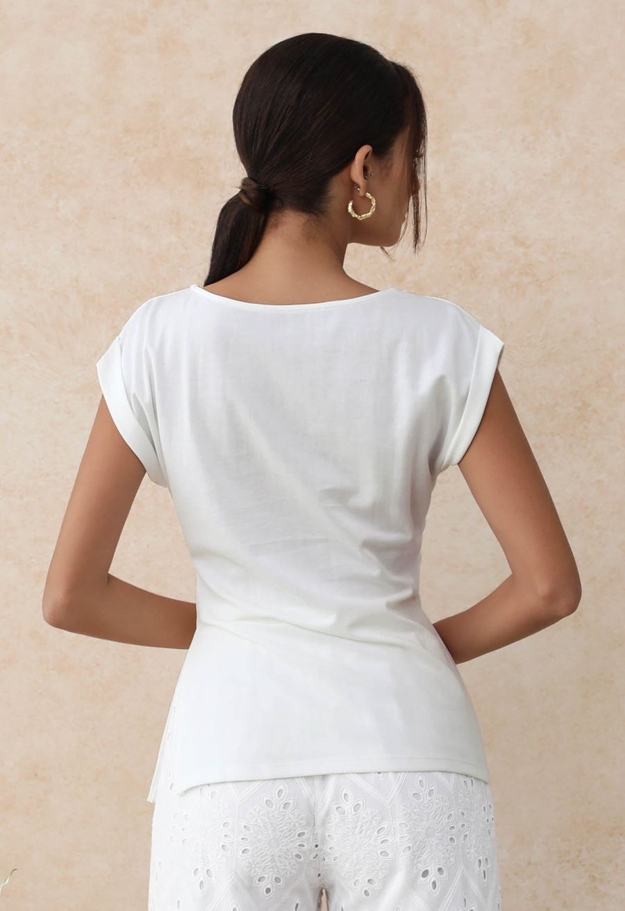 Braided Neckline Pleated Fitted Waist Top in White