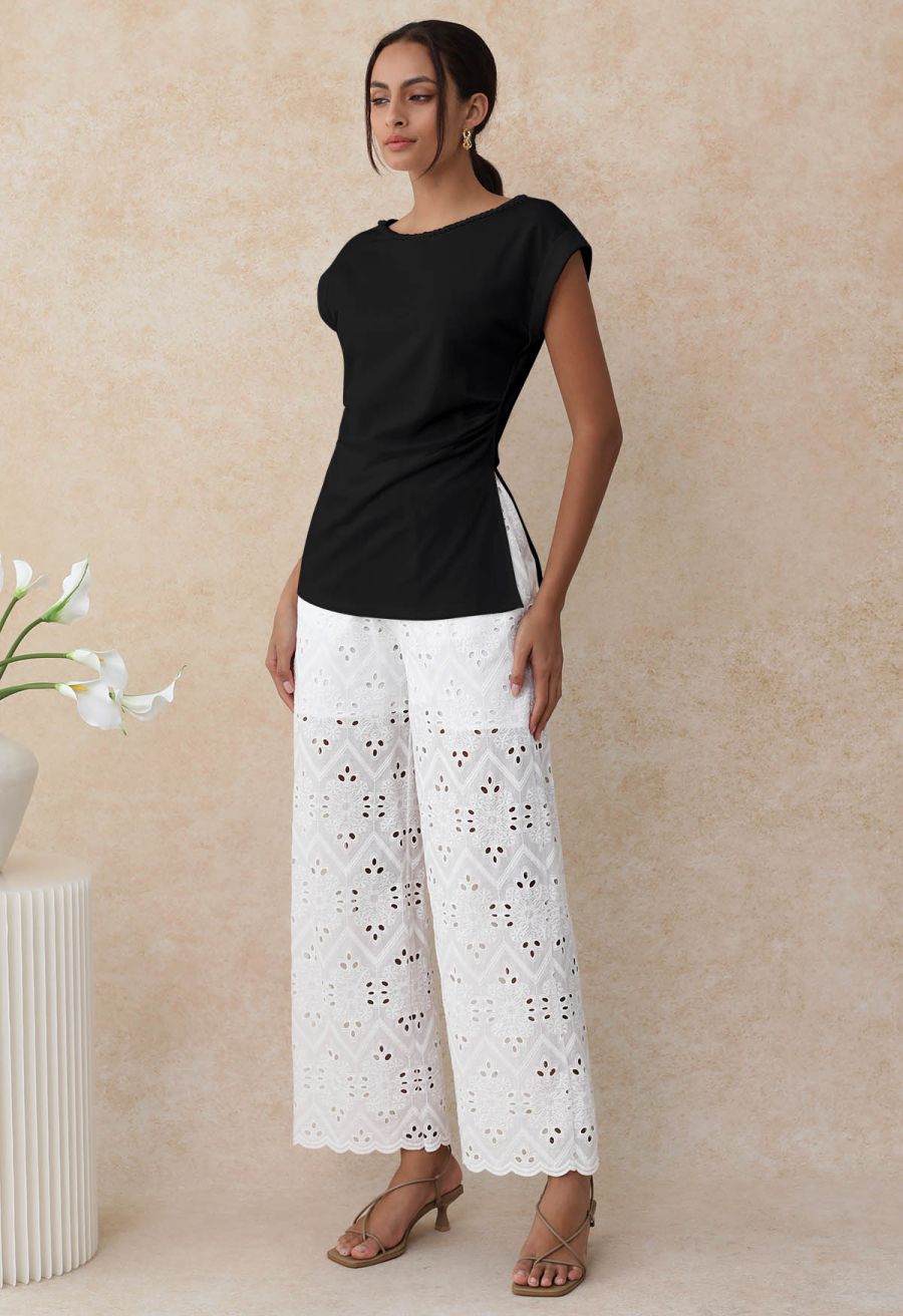 Braided Neckline Pleated Fitted Waist Top in Black