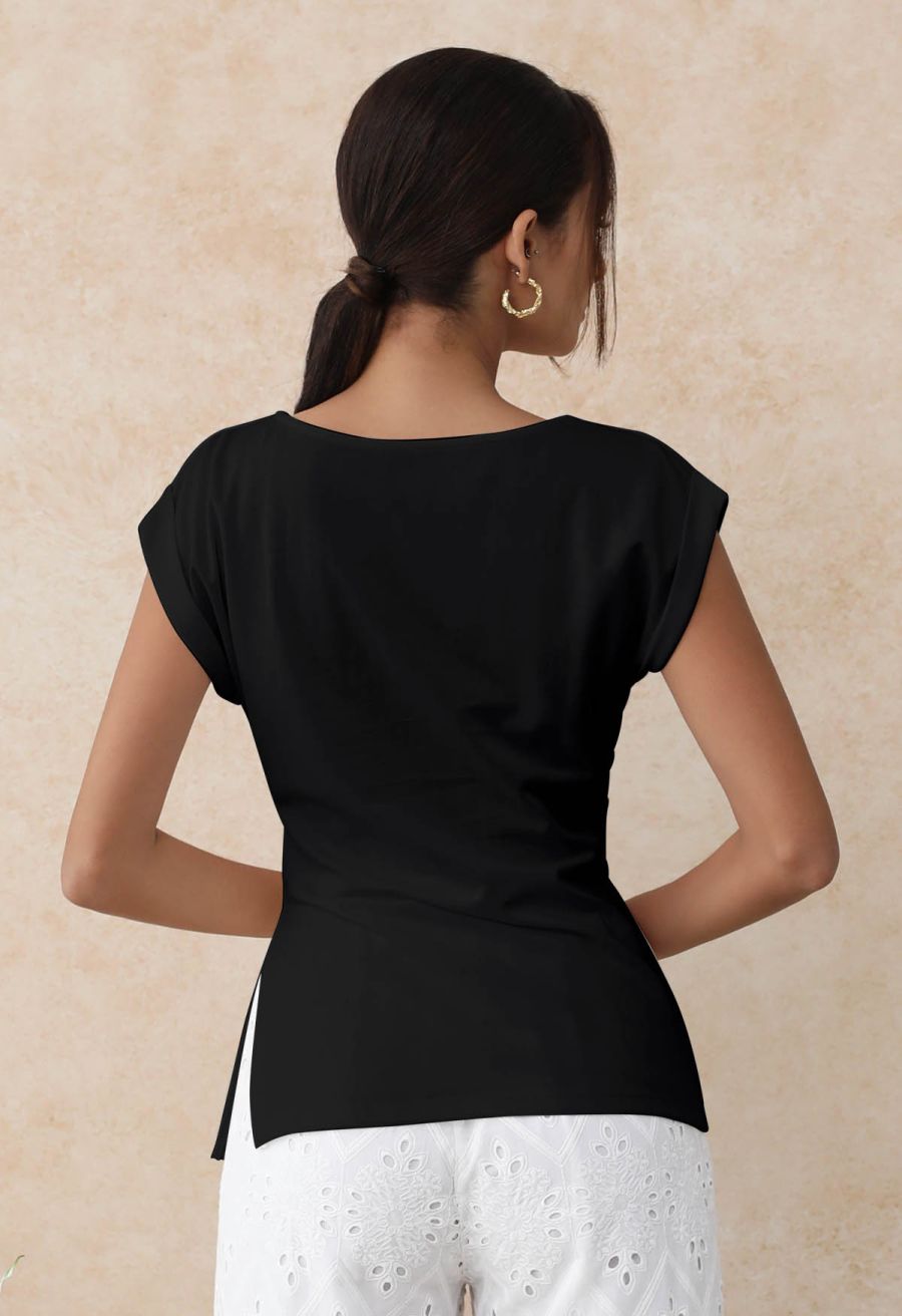 Braided Neckline Pleated Fitted Waist Top in Black