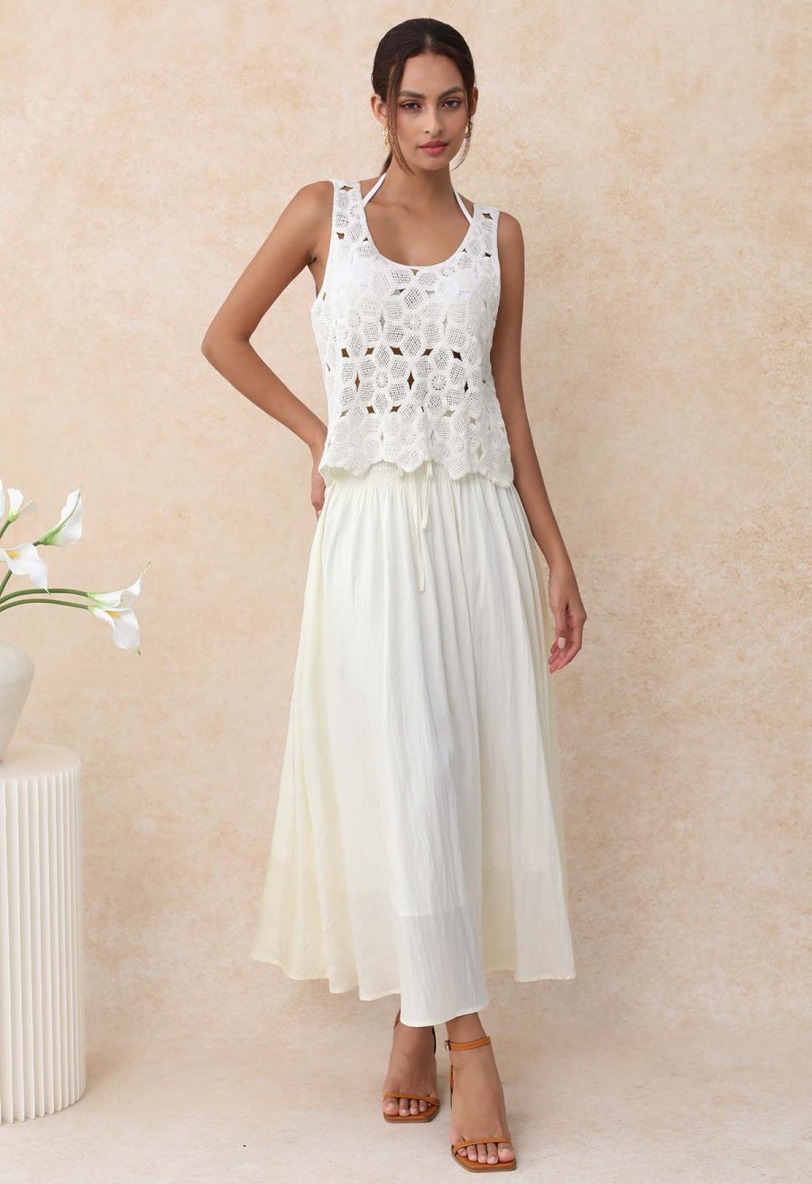 Self-Tie Shirred Waist Crinkle Skirt in Ivory