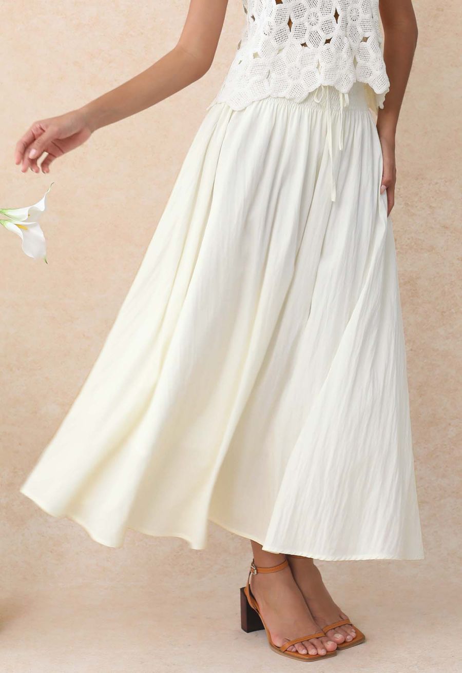 Self-Tie Shirred Waist Crinkle Skirt in Ivory
