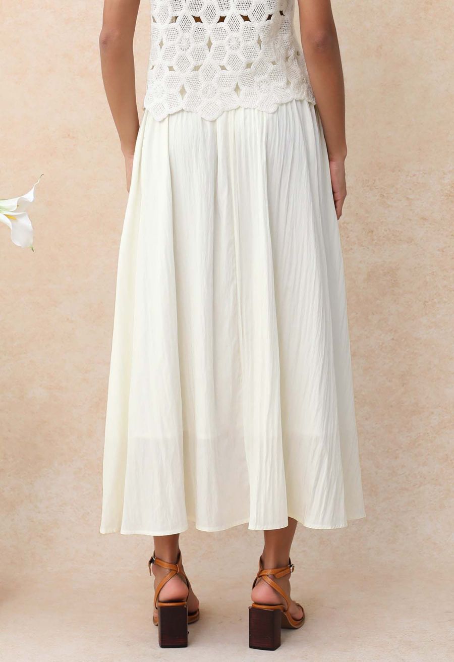 Self-Tie Shirred Waist Crinkle Skirt in Ivory