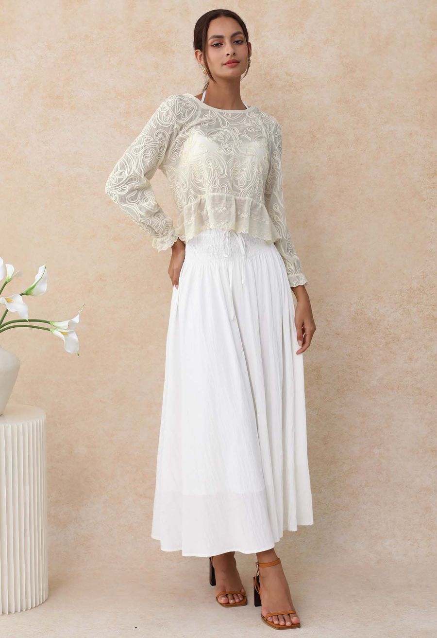 Self-Tie Shirred Waist Crinkle Skirt in White