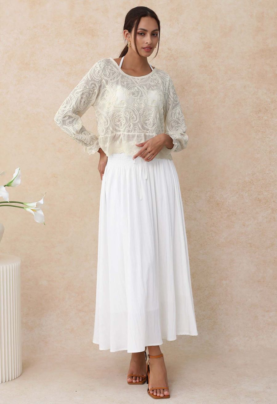 Self-Tie Shirred Waist Crinkle Skirt in White