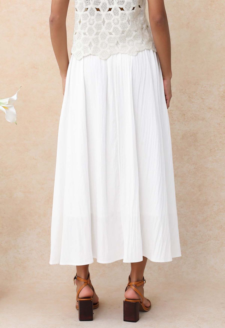 Self-Tie Shirred Waist Crinkle Skirt in White