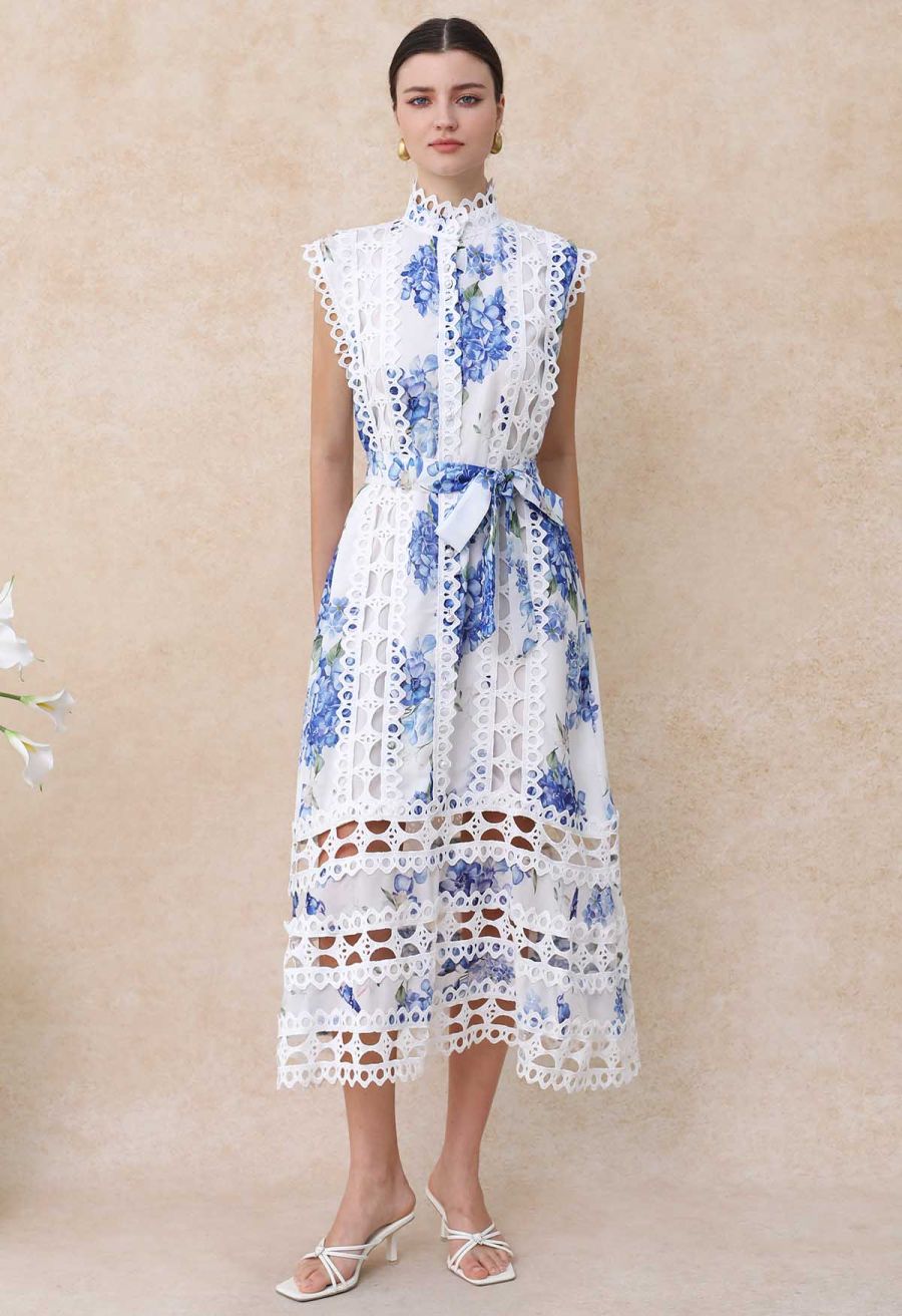 Blue Hydrangea Printed Cutwork Lace Trim Sleeveless Midi Dress