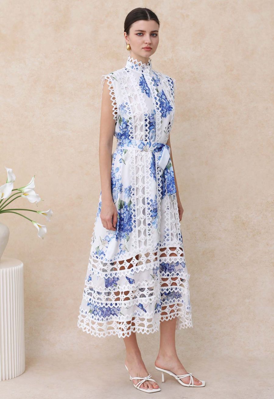 Blue Hydrangea Printed Cutwork Lace Trim Sleeveless Midi Dress