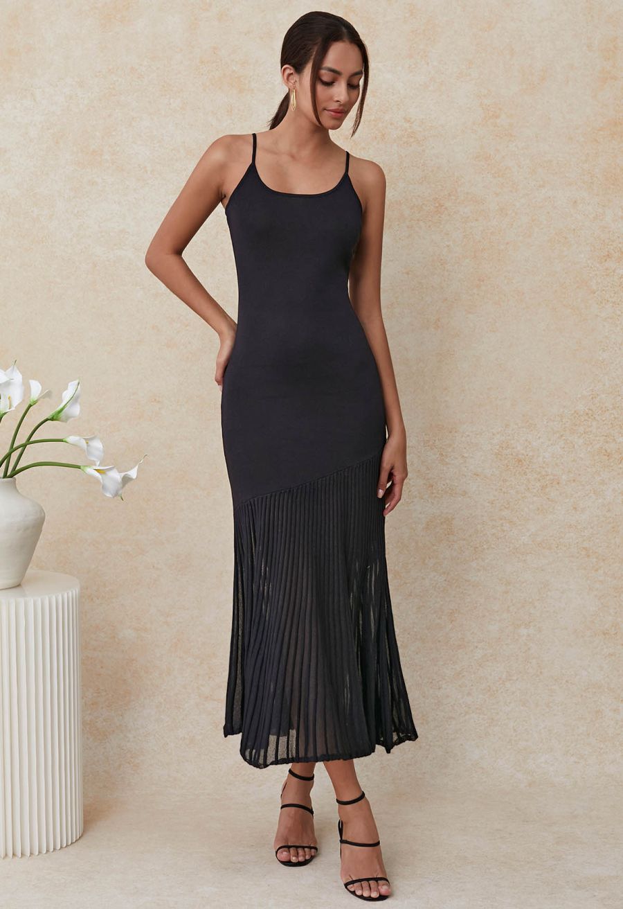 Semi-Sheer Mesh-Panel Knit Cami Maxi Dress in Black