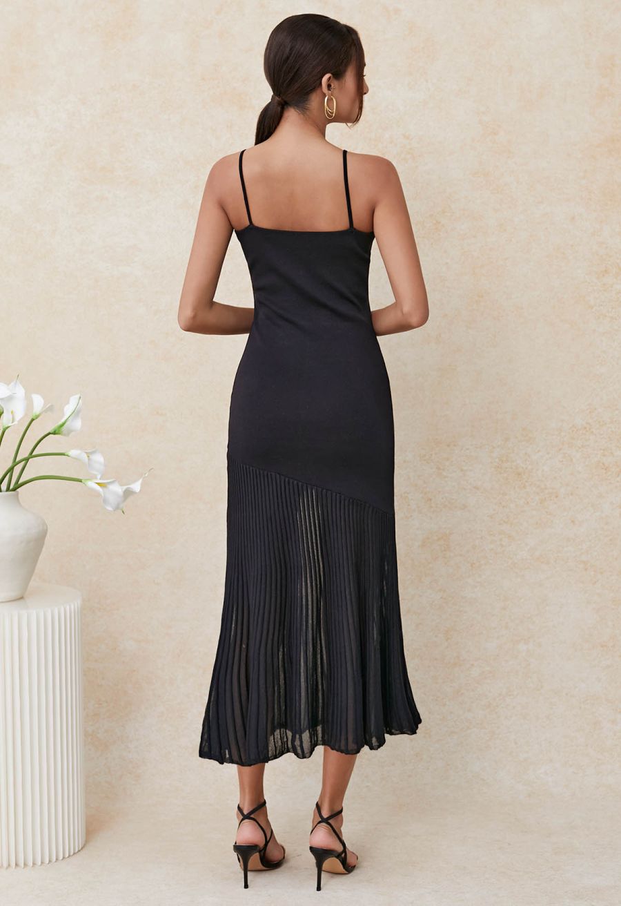 Semi-Sheer Mesh-Panel Knit Cami Maxi Dress in Black