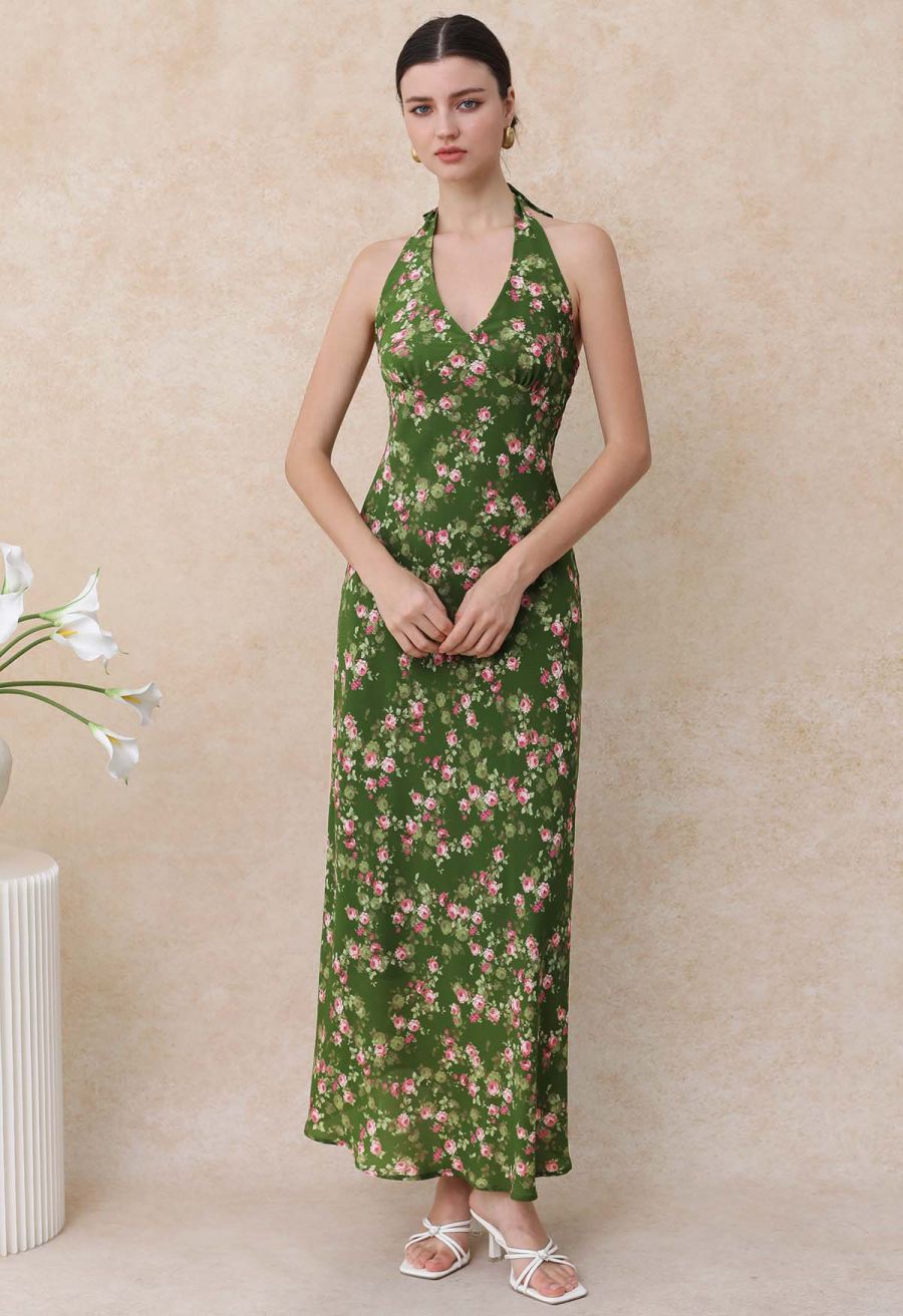 Rose Printed Open Back Halter Neck Dress in Dark Green