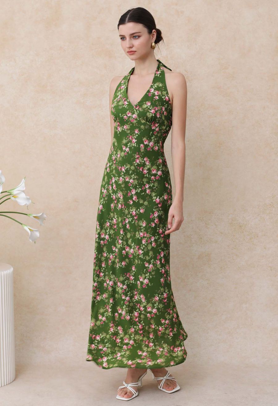 Rose Printed Open Back Halter Neck Dress in Dark Green