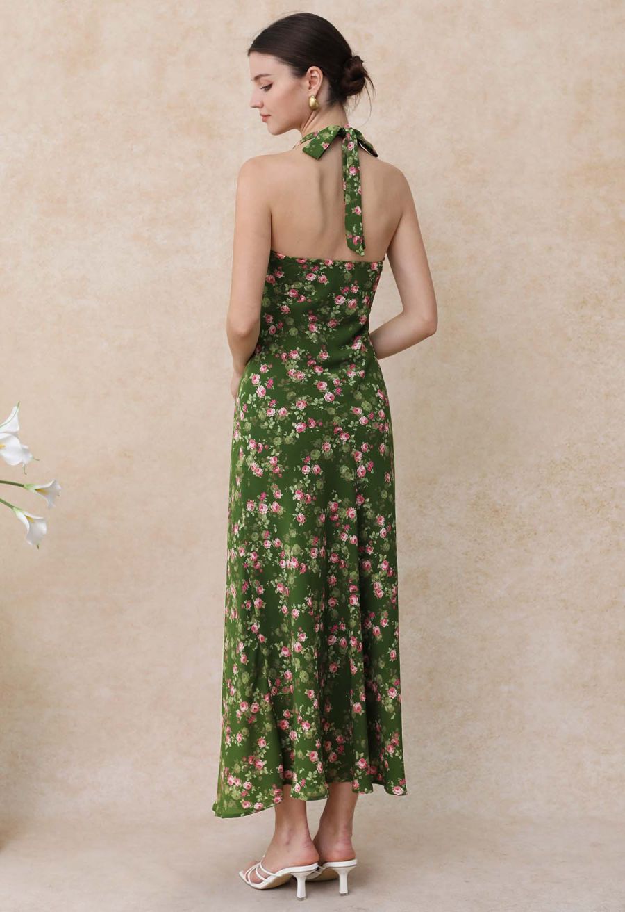 Rose Printed Open Back Halter Neck Dress in Dark Green