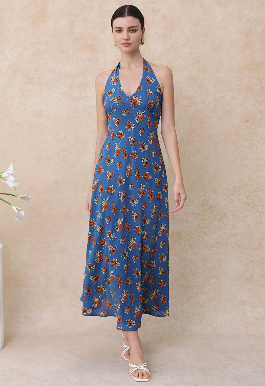Rose Printed Open Back Halter Neck Dress in Navy