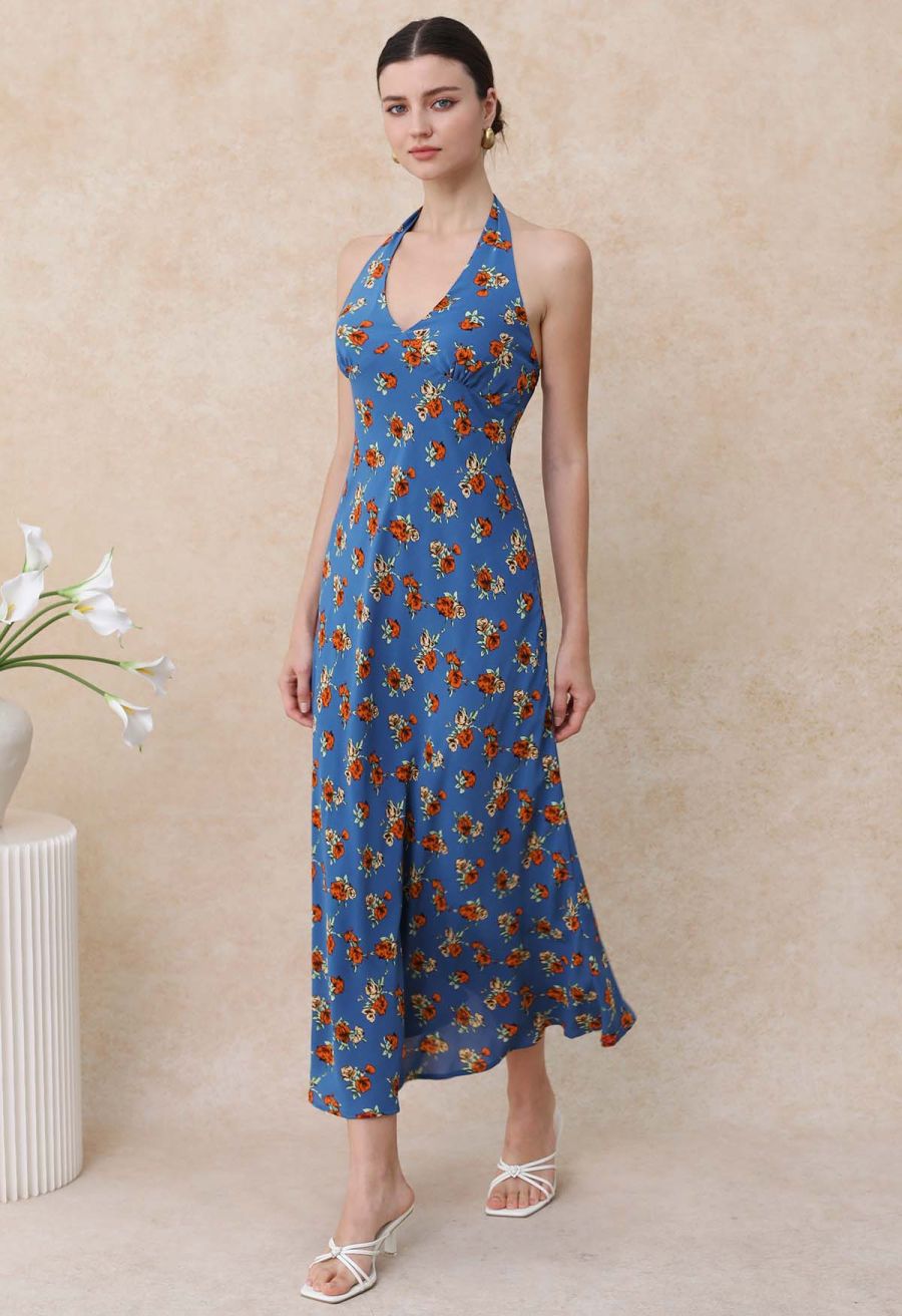 Rose Printed Open Back Halter Neck Dress in Navy