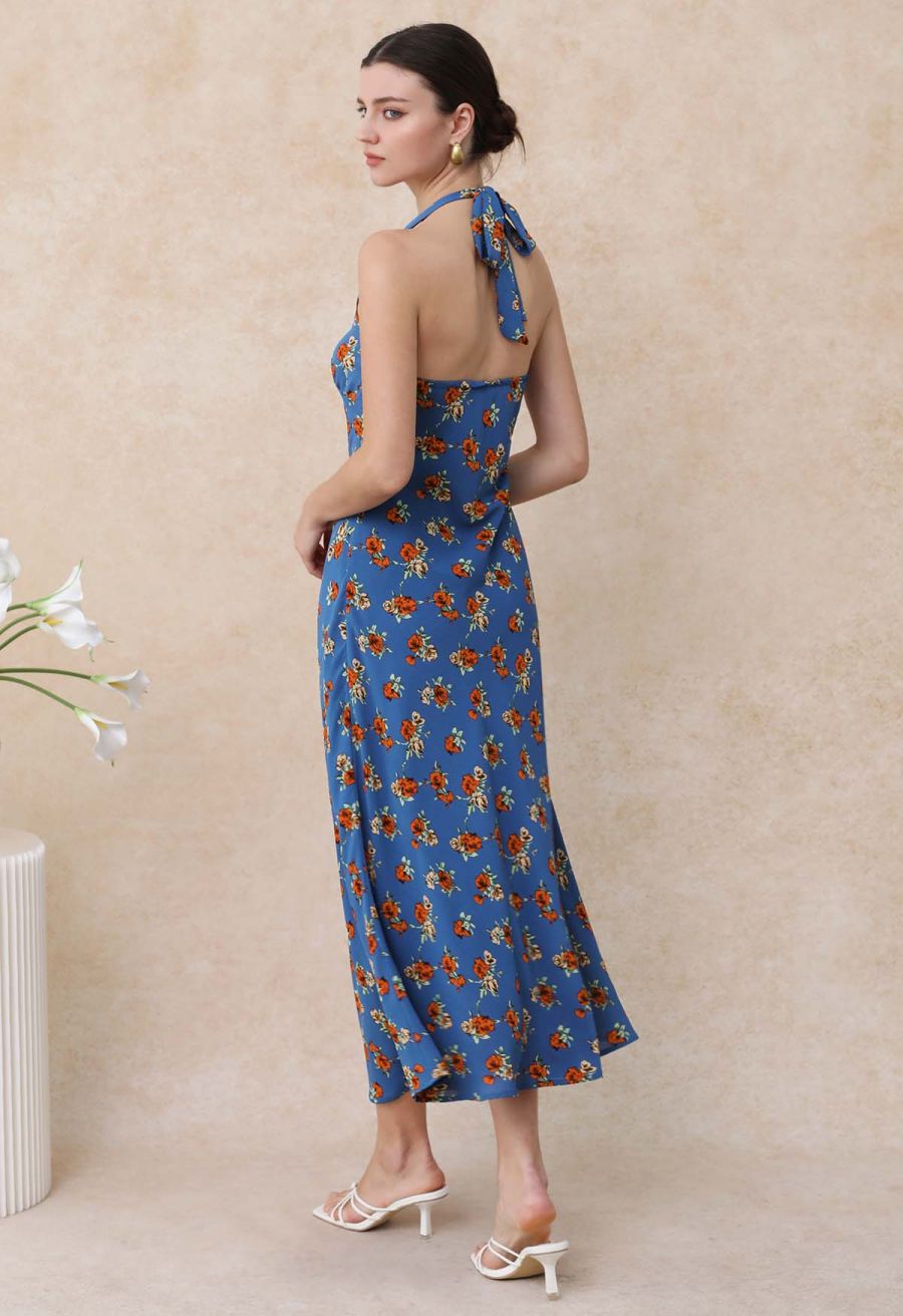 Rose Printed Open Back Halter Neck Dress in Navy