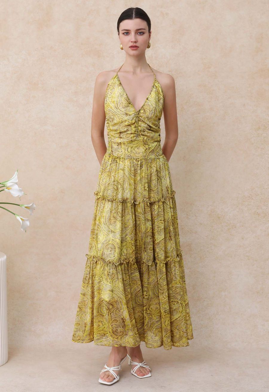 Abstract Paisley Drawstring Halter Neck Chiffon Dress