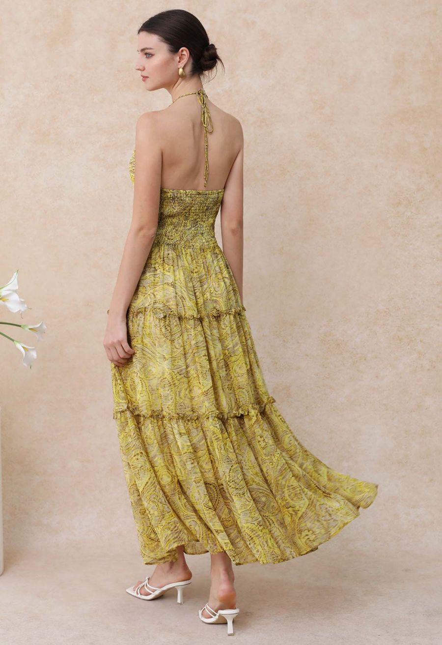 Abstract Paisley Drawstring Halter Neck Chiffon Dress
