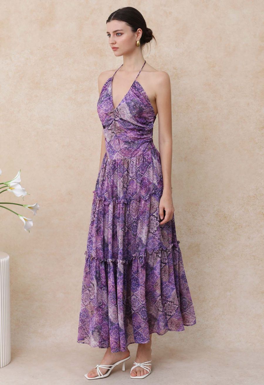 Boho Tile Drawstring Halter Neck Chiffon Dress