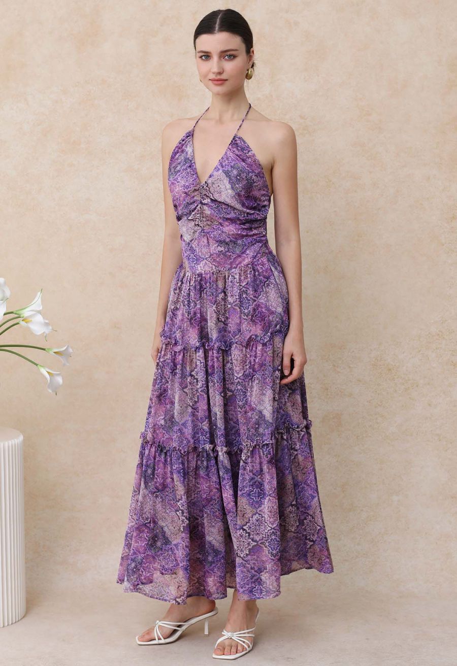 Boho Tile Drawstring Halter Neck Chiffon Dress