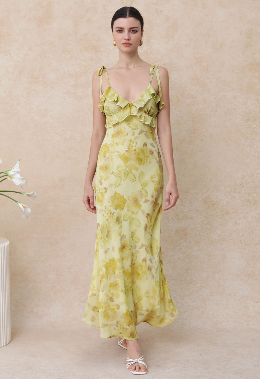 Yellow Floral Printed Ruffle Chiffon Cami Dress