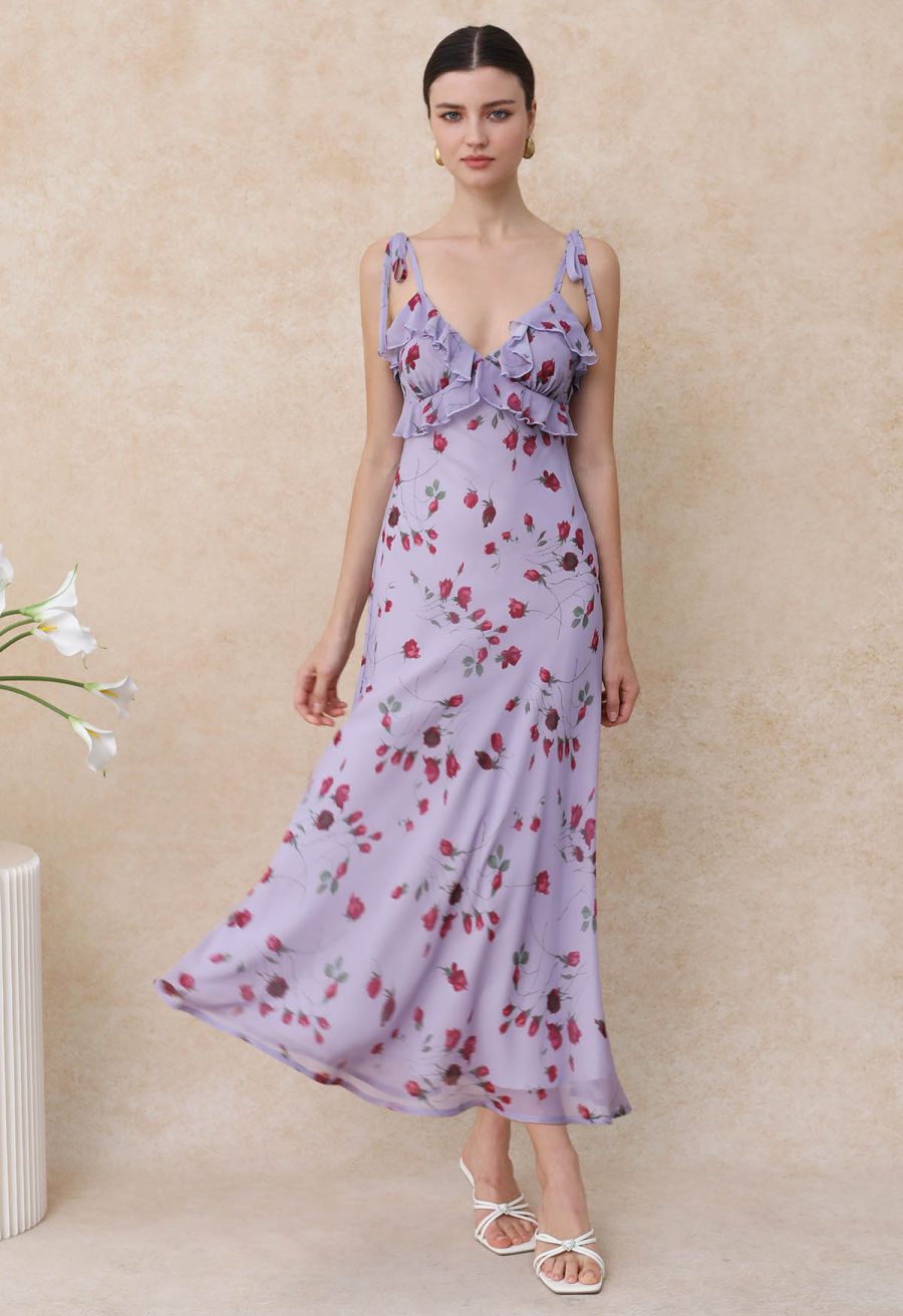 Rose Bud Printed Ruffle Chiffon Cami Dress