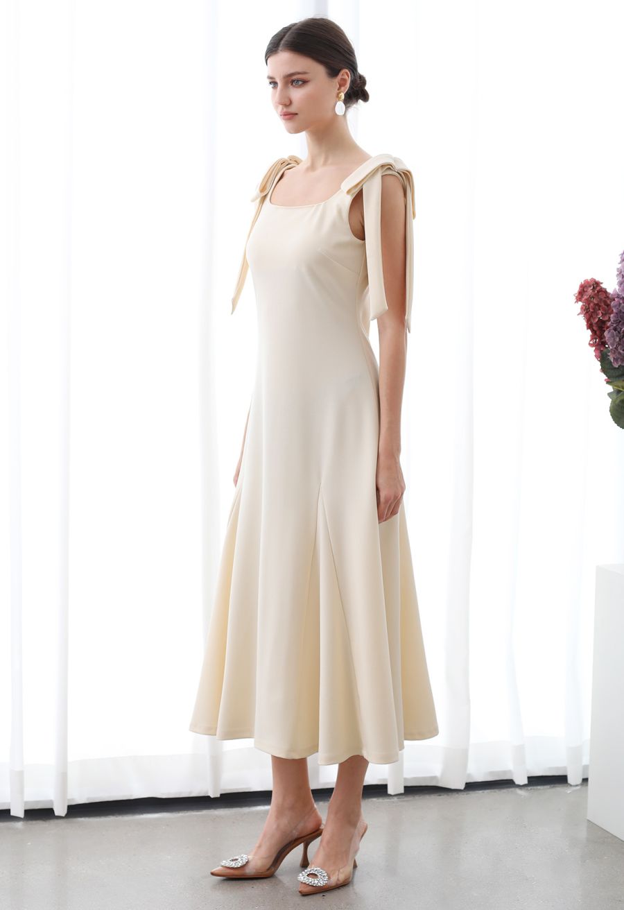 Removable Bow Straps Square Neck A-Line Dress in Cream