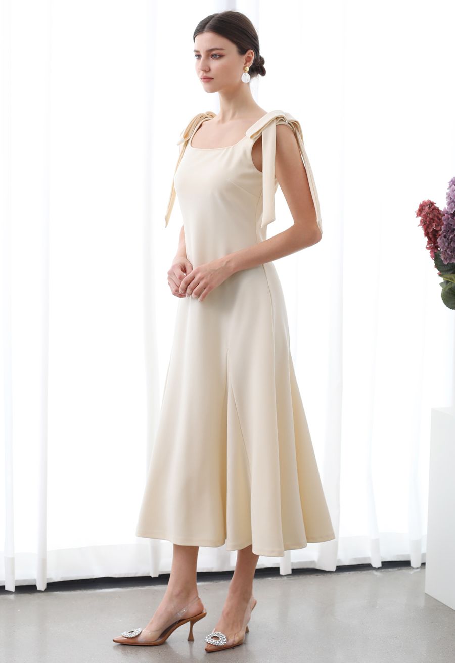 Removable Bow Straps Square Neck A-Line Dress in Cream