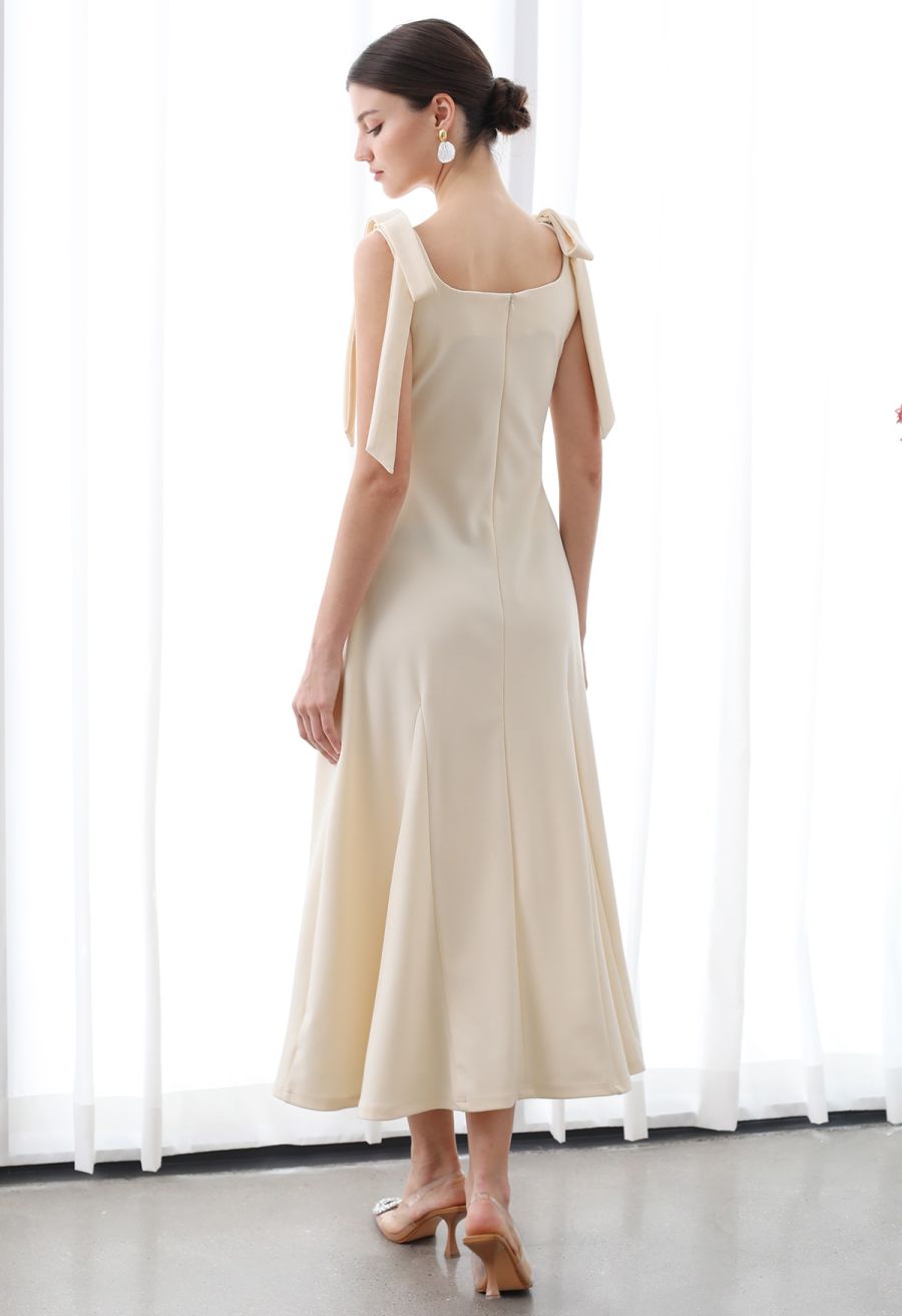 Removable Bow Straps Square Neck A-Line Dress in Cream