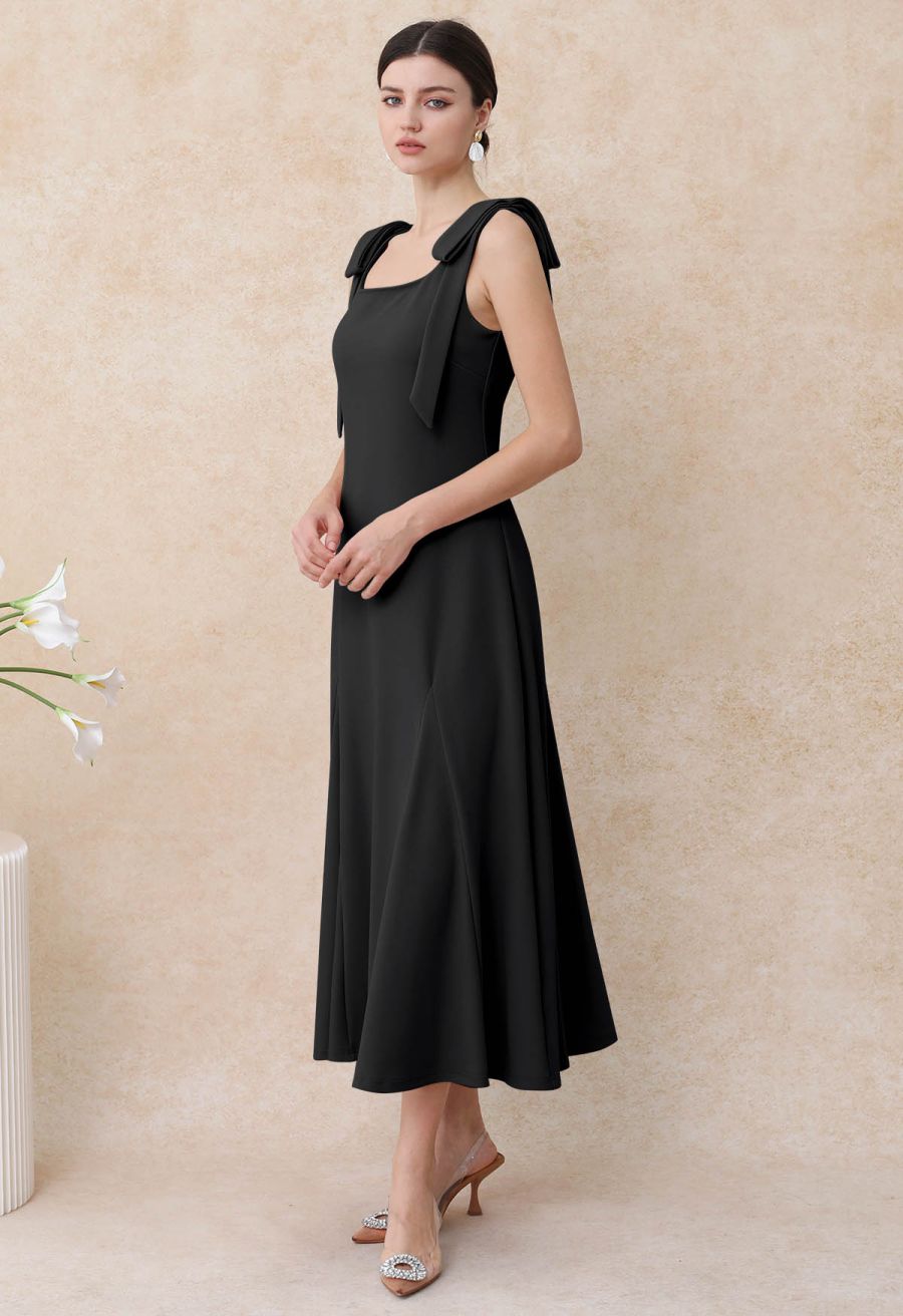 Removable Bow Straps Square Neck A-Line Dress in Black
