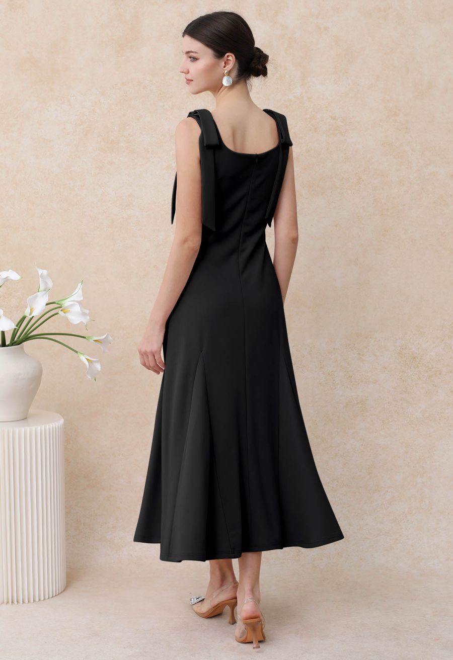 Removable Bow Straps Square Neck A-Line Dress in Black