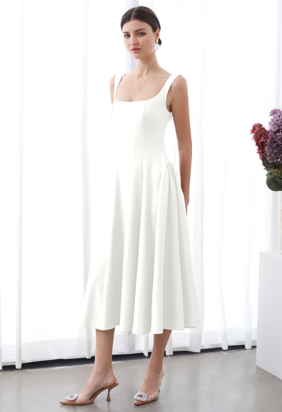 Square Neck Fit and Flare Midi Dress in White