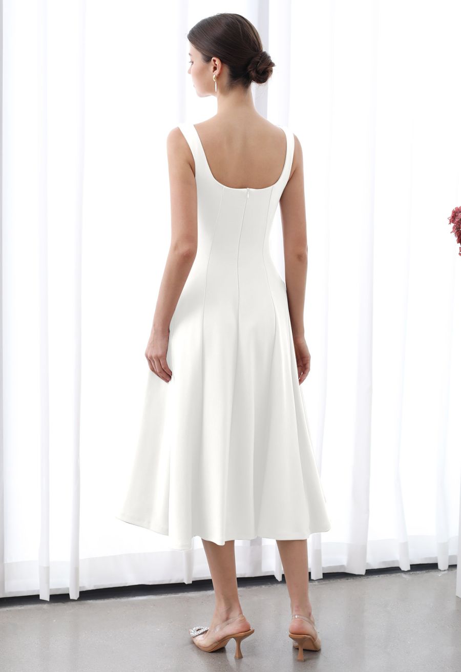Square Neck Fit and Flare Midi Dress in White