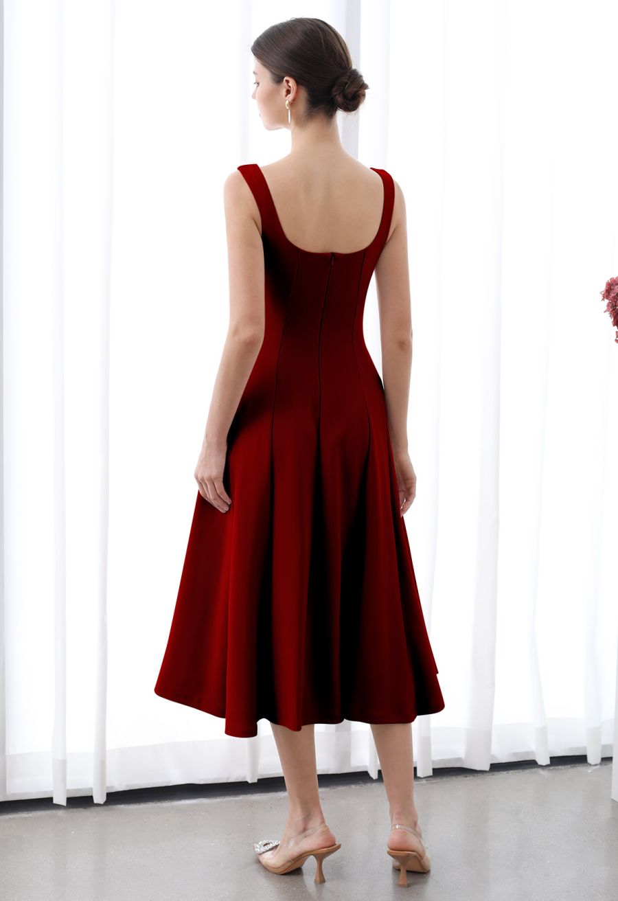 Square Neck Fit and Flare Midi Dress in Red
