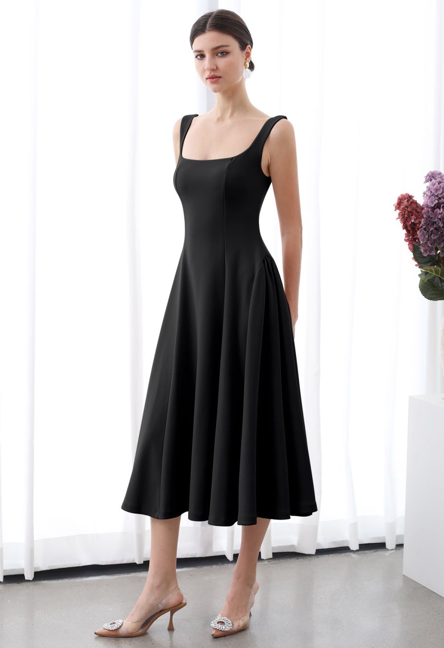 Square Neck Fit and Flare Midi Dress in Black