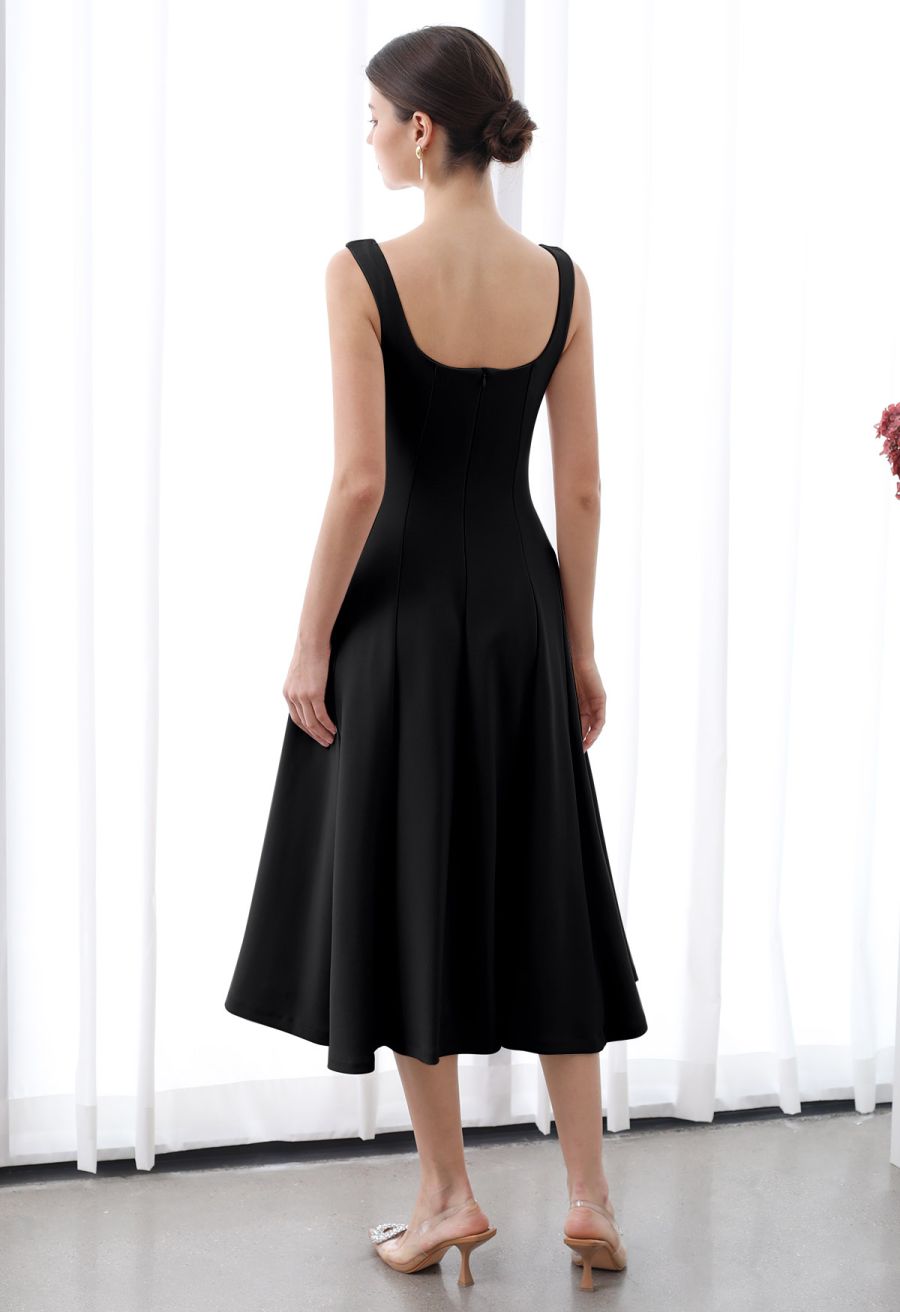 Square Neck Fit and Flare Midi Dress in Black