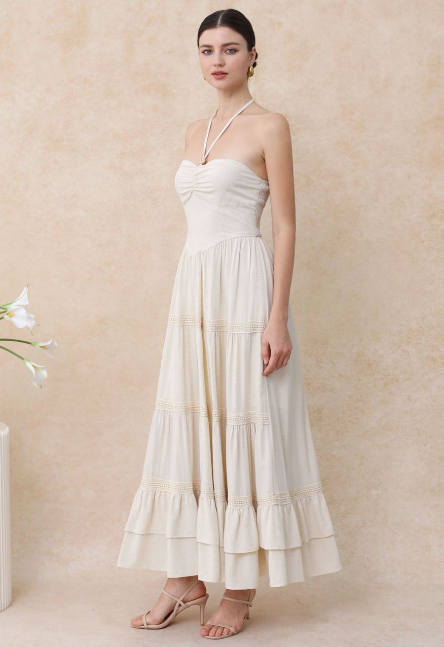 Resin Bead Halter Neck Lace Panel Tiered Dress in Ivory