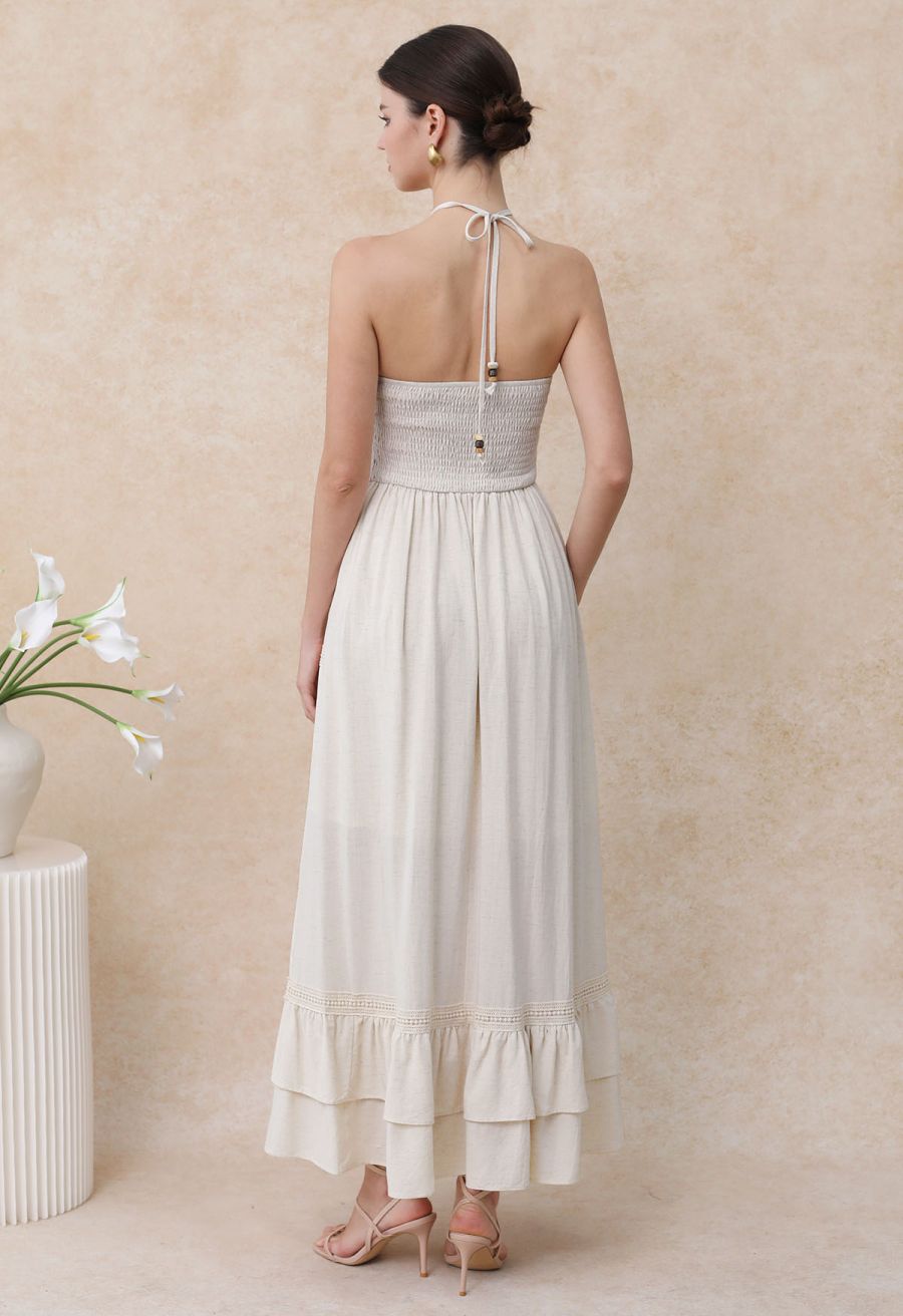 Resin Bead Halter Neck Lace Panel Tiered Dress in Ivory