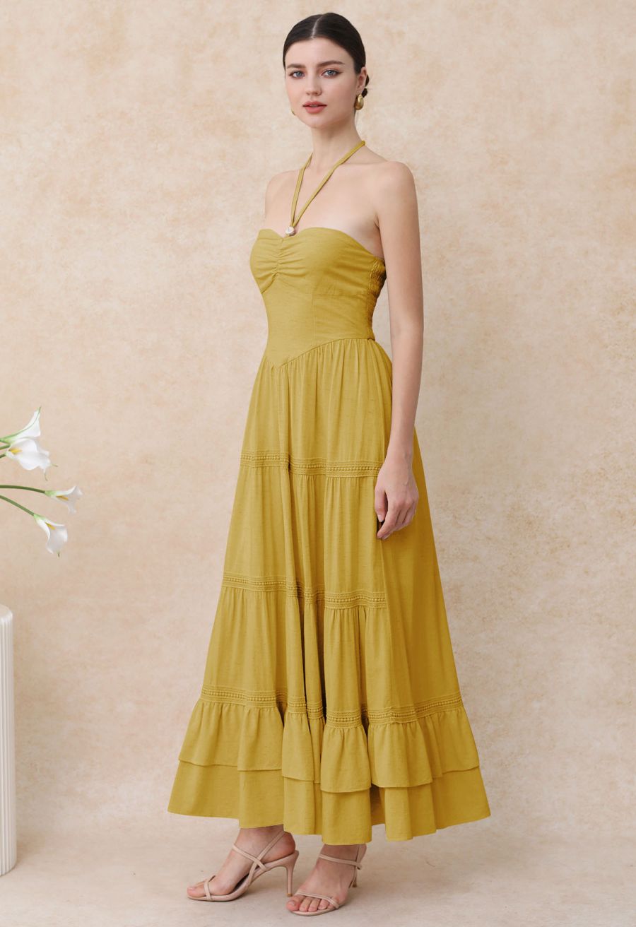 Resin Bead Halter Neck Lace Panel Tiered Dress in Mustard