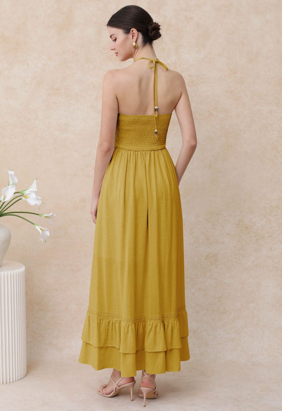 Resin Bead Halter Neck Lace Panel Tiered Dress in Mustard