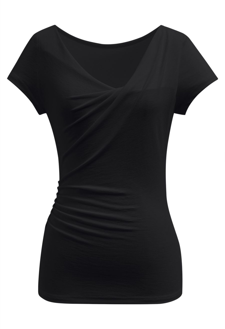 Free-Style Neckline Short Sleeve Ruched Top in Black