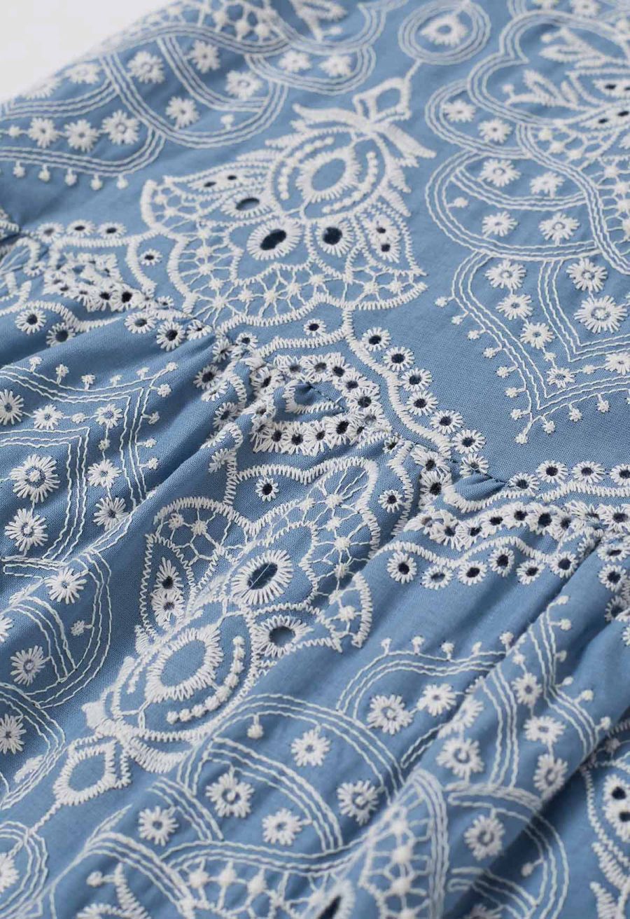 Blue Exotic Tile Embroidered Dolly Midi Dress