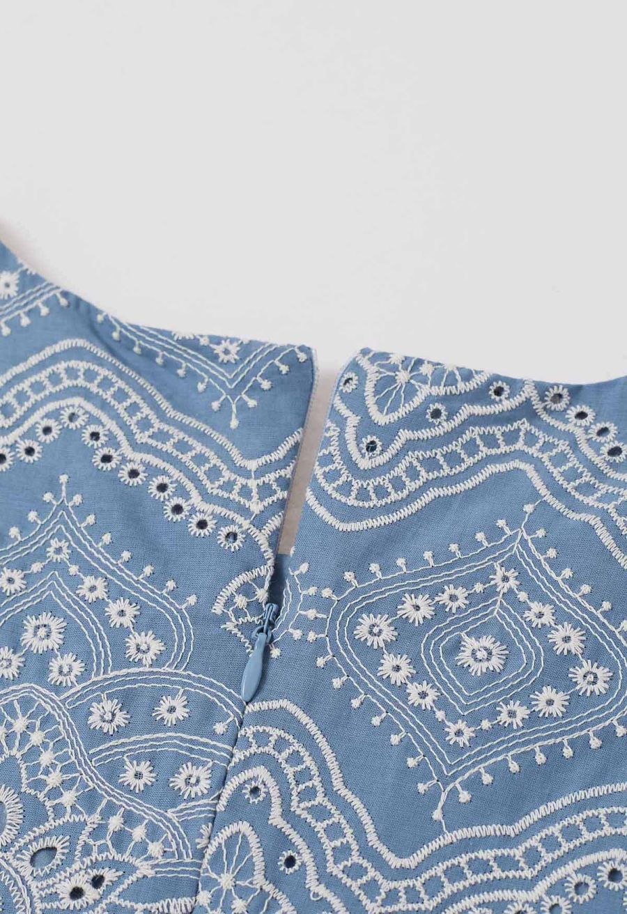 Blue Exotic Tile Embroidered Dolly Midi Dress