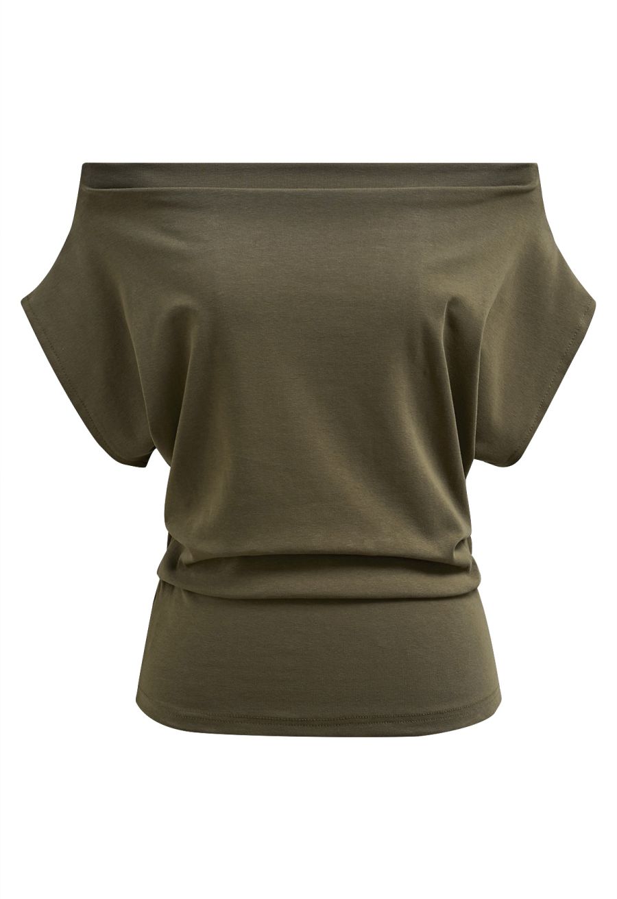 Off-Shoulder Batwing Sleeve Pleated Top in Olive