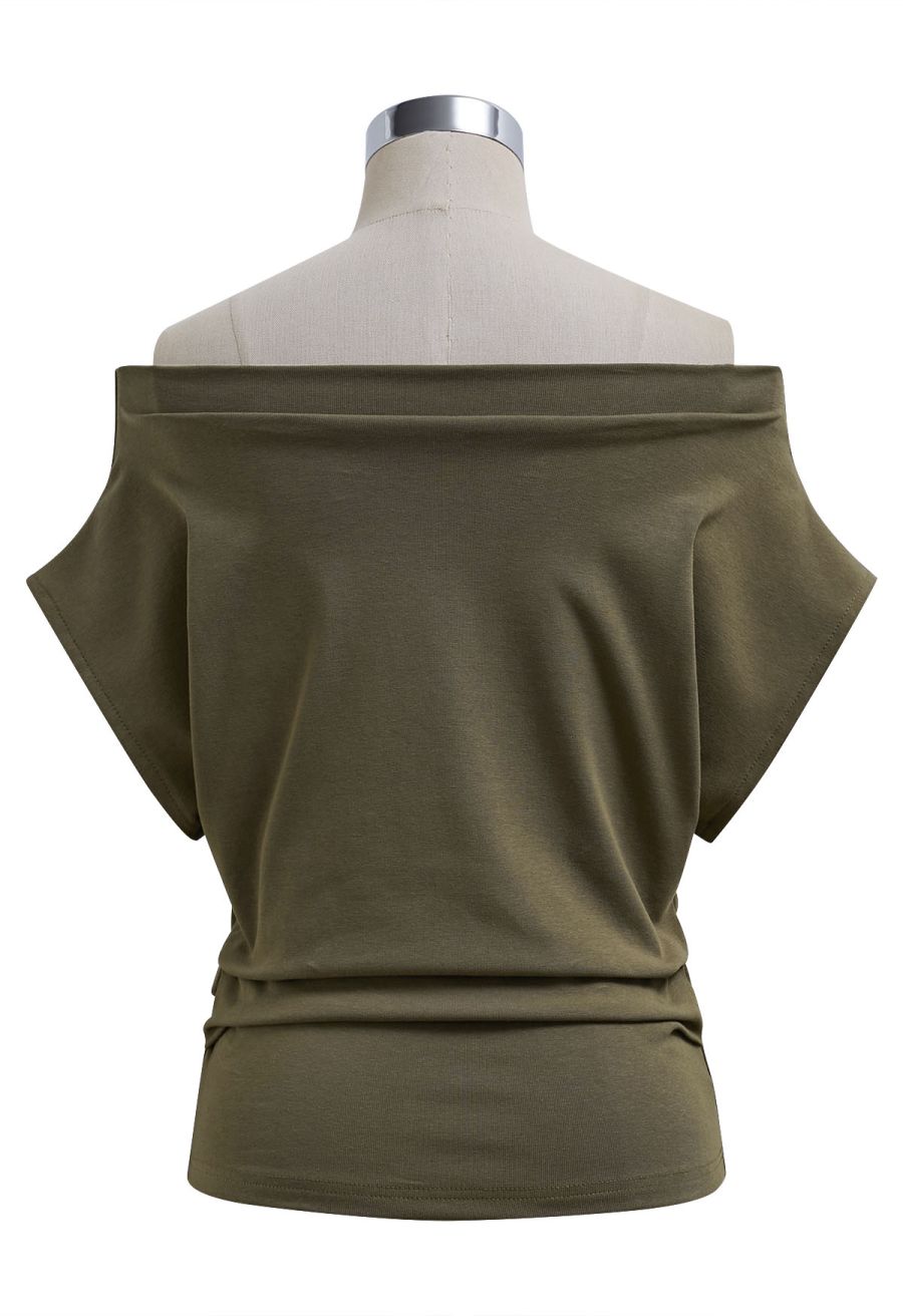 Off-Shoulder Batwing Sleeve Pleated Top in Olive