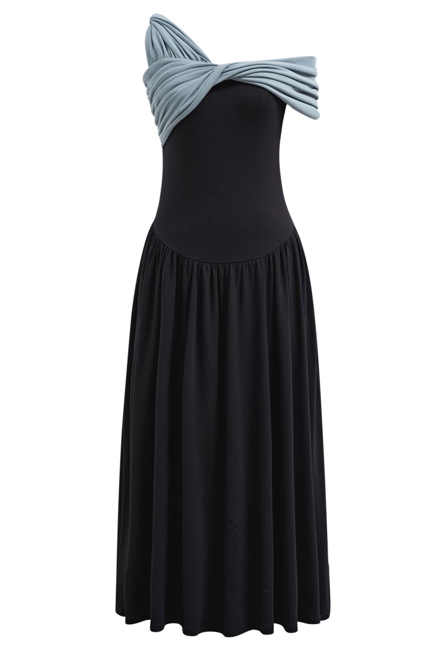 Contrast Color Twist Neckline Drop-Waist Dress